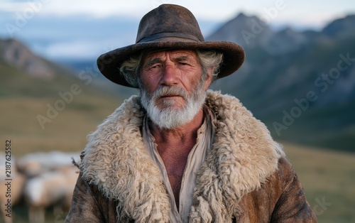 Old Man in Cowboy Hat and Fur Coat in Mountainous Landscape