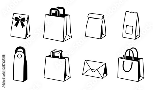 Paper Bag Symbols and Packaging Icons Collection, Black and White Retail and Shopping Vector Set