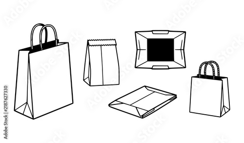 Paper Packaging Bag Vector Illustration Set, Black and White Shopping Takeout and Retail Bag Designs