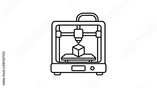 Black outline 3D printer creating a cube, innovation and manufacturing icon.