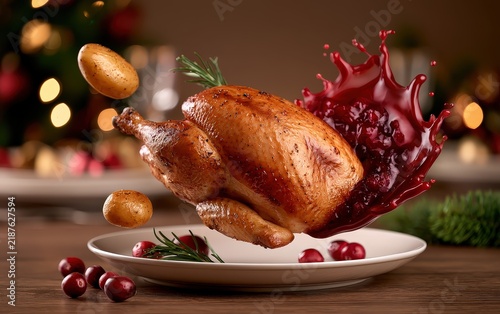 Festive Roasted Chicken with Cranberry Sauce and Potatoes Served on a Dining Table with Christmas Decorations