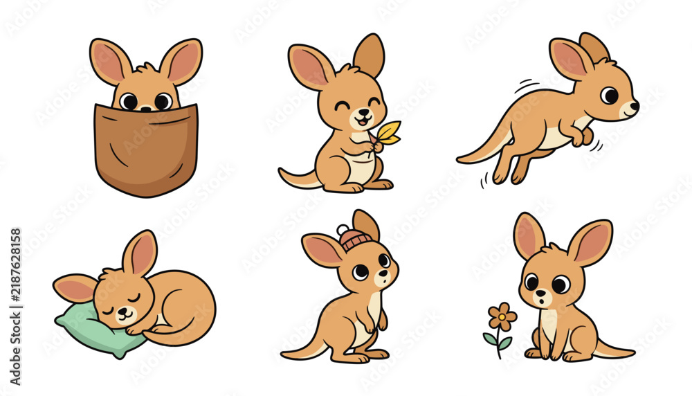 Obraz premium Cute Cartoon Baby Kangaroo Joey Character Icon Set with Various Actions Jumping Sleeping and Sitting for Australian Wildlife Stickers and Children Graphic Designs