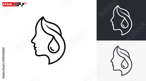 Minimalist Line Art Logo of Womans Profile with Leaf and Water Drop for Beauty and Wellness.