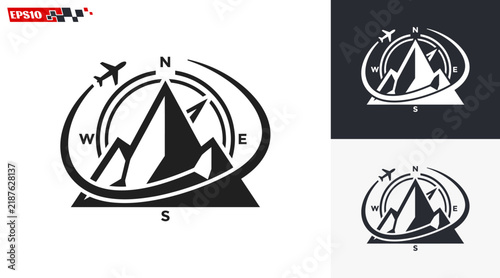 Mountain compass airplane travel adventure logo design.