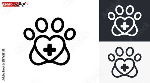 Pet care paw print with heart and cross medical symbol.