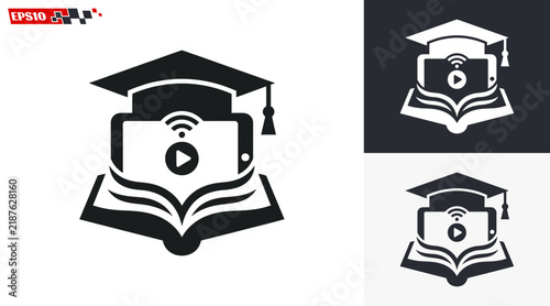 Online Education Logo with Graduation Cap Smartphone and Open Book.