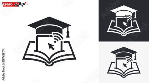 Online Education and ELearning Concept with Graduation Cap and Book.