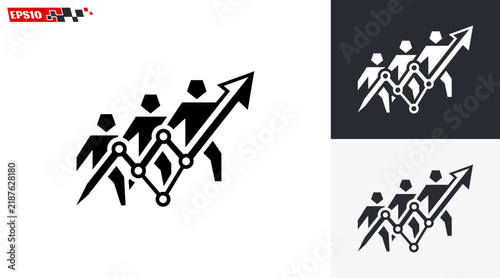 Teamwork and growth concept with people and upward arrow.