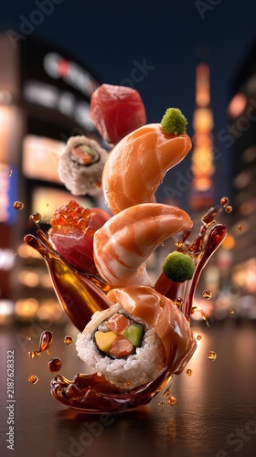 Sushi Platter with Sake and Chopsticks Celebrating Japanese Culture and Cuisine