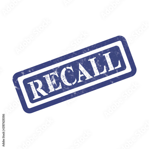 Dark blue grunge ink stamp with the word recall inside a rectangular border for product safety alerts