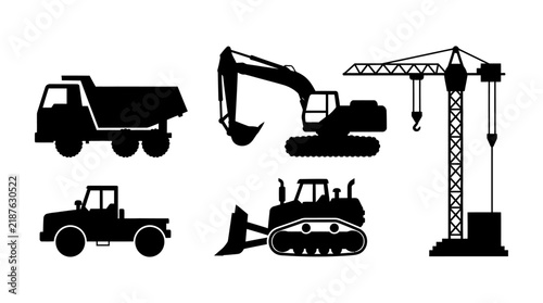 Принти на полотні Construction machinery silhouettes against a white background depict heavy equip