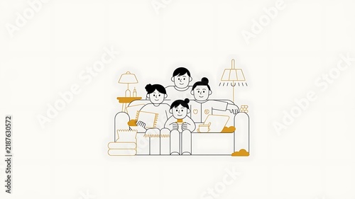Minimalist, black-and-white characters with yellow cozy night home on white background