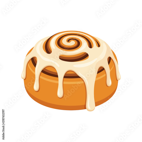Fresh Baked Cinnamon Roll With Creamy White Sugar Glaze Drip Ready For Serving At Morning Breakfast Table Displaying Delicious Pastry Layers Covered In Sweet Frosting For Bakery And Cafe