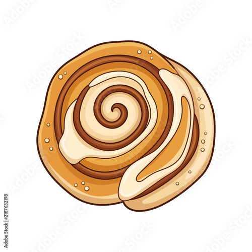 Fresh sweet cinnamon roll pastry topped with creamy white glaze spiral bun dessert baked goods for morning breakfast menu concept handmade delicious food treat for bakery shop promotion and cafe