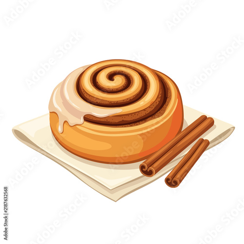 Freshly Baked Sweet Cinnamon Roll Pastry With Creamy Glaze Topping Served With Fragrant Dried Bark Sticks For Breakfast Or A Tasty Afternoon Dessert Snack Option Enjoyed During Traditional