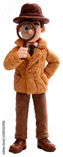 Clay detective character holding a magnifying glass to examine something closely