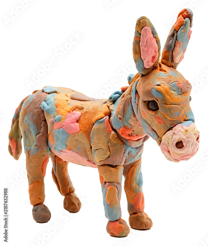 Handmade colorful plasticine donkey sculpture on a white background
