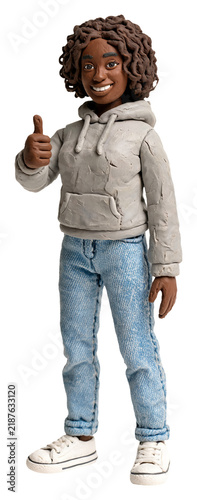 Claymation girl in hoodie and jeans gives a thumbs up gesture