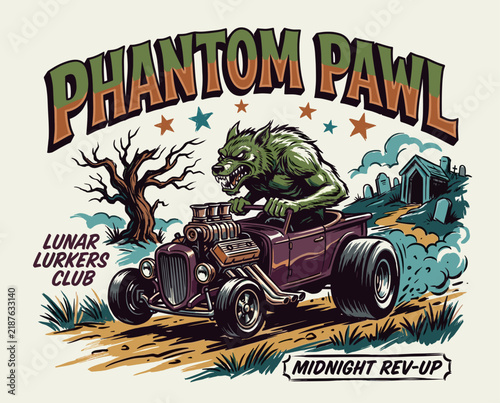 Canvastavla Werewolf driving hot rod vintage illustration