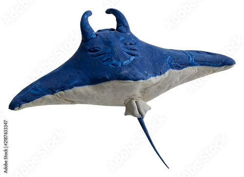 Handmade blue and white plasticine manta ray sculpture isolated on white background