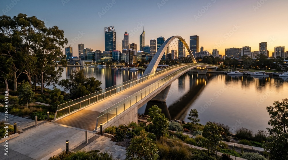Obraz premium Elizabeth quay pedestrian bridge stretches gracefully over the calm river waters toward the glowing Perth city skyline during vibrant sunset