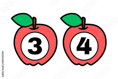 Cute Apple Number 3 and 4 Cartoon Illustration