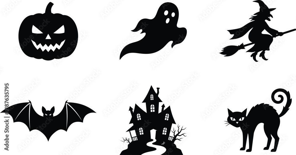 Fototapeta premium Halloween silhouette collection, spooky pumpkin jack o lantern, floating ghost, flying witch, bat, haunted house, scary black cat icon, vector set