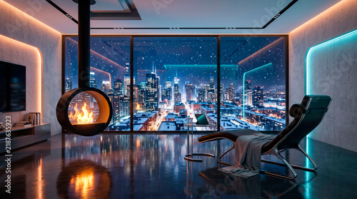 Modern Luxury Penthouse Interior with Hanging Fireplace and Panoramic Night View of Snowy City Skyline