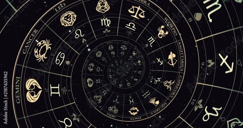 Zodiac Wheel Spiral With Astrological Signs and Horoscope Symbols in Dark Mystic Design
