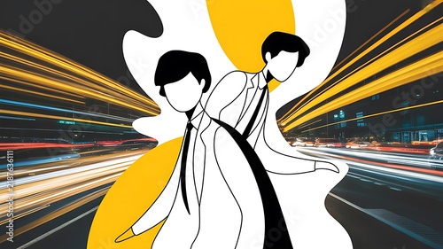 Minimalist, black-and-white characters with yellow dynamic long exposure photograph of city lights and traffic trails on white background.