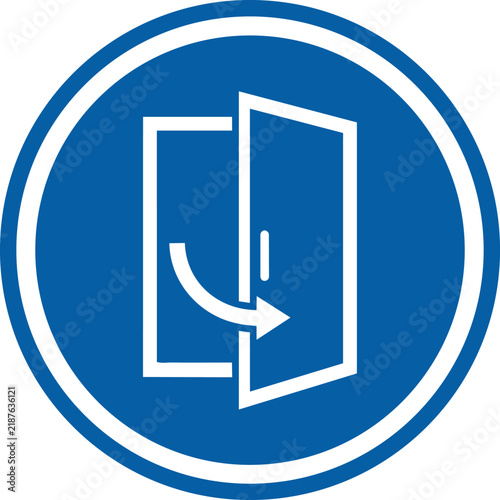 Blue mandatory sign for keeping doors closed, circular safety instruction icon, white door pictogram on blue background vector ,Clean grouped each Icon