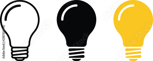 Three light bulb idea icons in outline, solid black, and solid yellow styles for innovation, creativity, and energy web interface