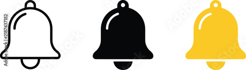 Three notification bell icons in outline, solid black, and solid yellow styles for alerts, reminders, and web interface communication functions