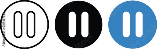 Three pause button icons in a row, featuring a black outline, a solid black circle, and a solid blue circle with pause bars on white