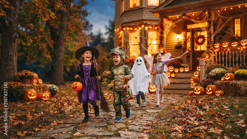 A cheerful group of children in costumes collects treats at a house decorated for Halloween