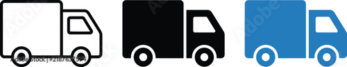 Three variations of a delivery truck icon, including a black outline version, a solid black filled version, and a solid blue filled version