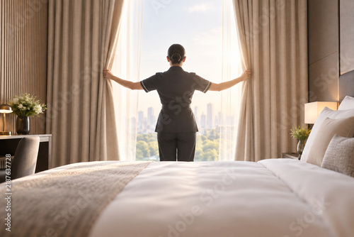 Hotel Housekeeping Staff Opening Curtains in Luxury Guest Room with Bright Morning Light
