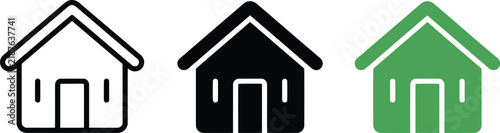 Three variations of a house building icon, including a black outline version, a solid black filled version, and a solid green filled version