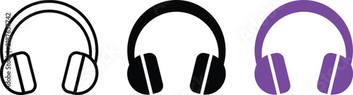 Three variations of a headphone audio icon, including a black outline version, a solid black filled version, and a solid purple filled version