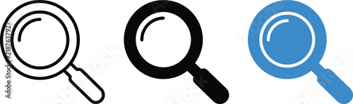 Three variations of a magnifying glass search icon, including a black outline, a solid black filled shape, and a solid blue filled icon set