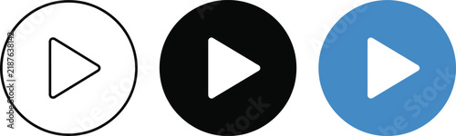 Three variations of a play button icon, including a black outline, a solid black filled shape, and a solid blue filled circle icon set