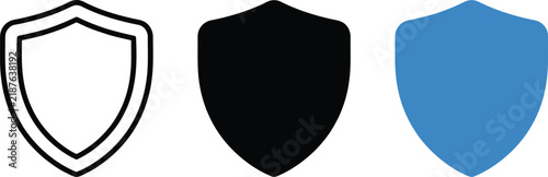 Three variations of a shield protection icon, including a black outline version, a solid black filled version, and a solid blue filled version