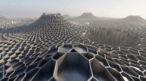 A futuristic dark metallic honeycomb structure creating an immersive abstract background with soft lighting and deep shadows