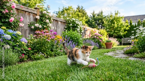 Cute calico cat playing in a sunny green garden