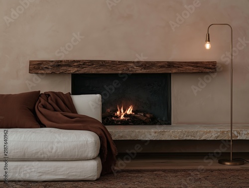 Cozy fireplace with white sofa and brown blanket in warm minimalist living room
