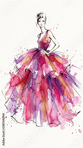 Woman wearing a colorful tulle evening gown in an artistic illustration  