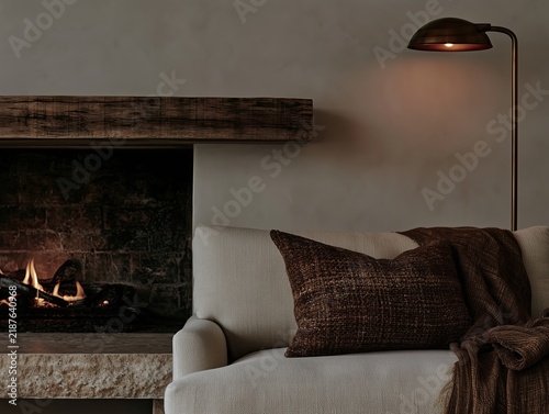 Cozy armchair with brown pillow and blanket beside rustic fireplace