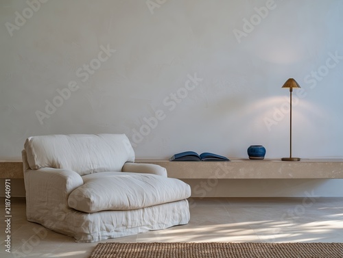 White lounge chair with open book and table lamp in serene minimalist interior