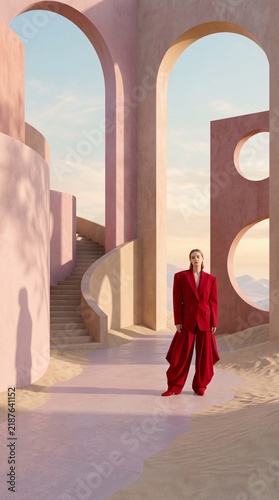 Model wearing oversized red suit walking in abstract architectural landscape. Minimalist Surreal Lookbook  