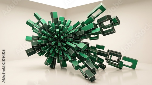 An intriguing sculptural installation featuring a complex dark green abstract form in a minimalist gallery space